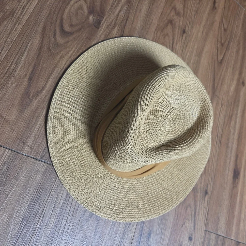 Furtalk Tan Straw Fedora Sun Hat Wide Brim M Summer Beach Resort Chic Coastal